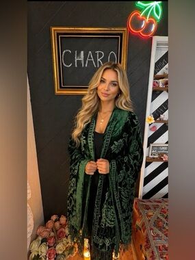 Aris. A Emerald Devore Silk Velvet Floral Shawl Scarf with Fringe